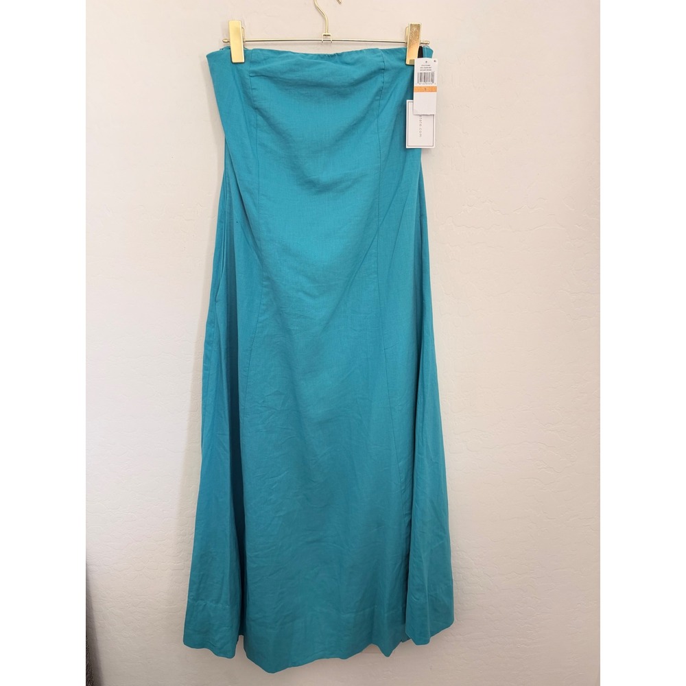 1.STATE Womens Strapless Linen Blend Smocked Midi Dress Turquoise Blue Size S